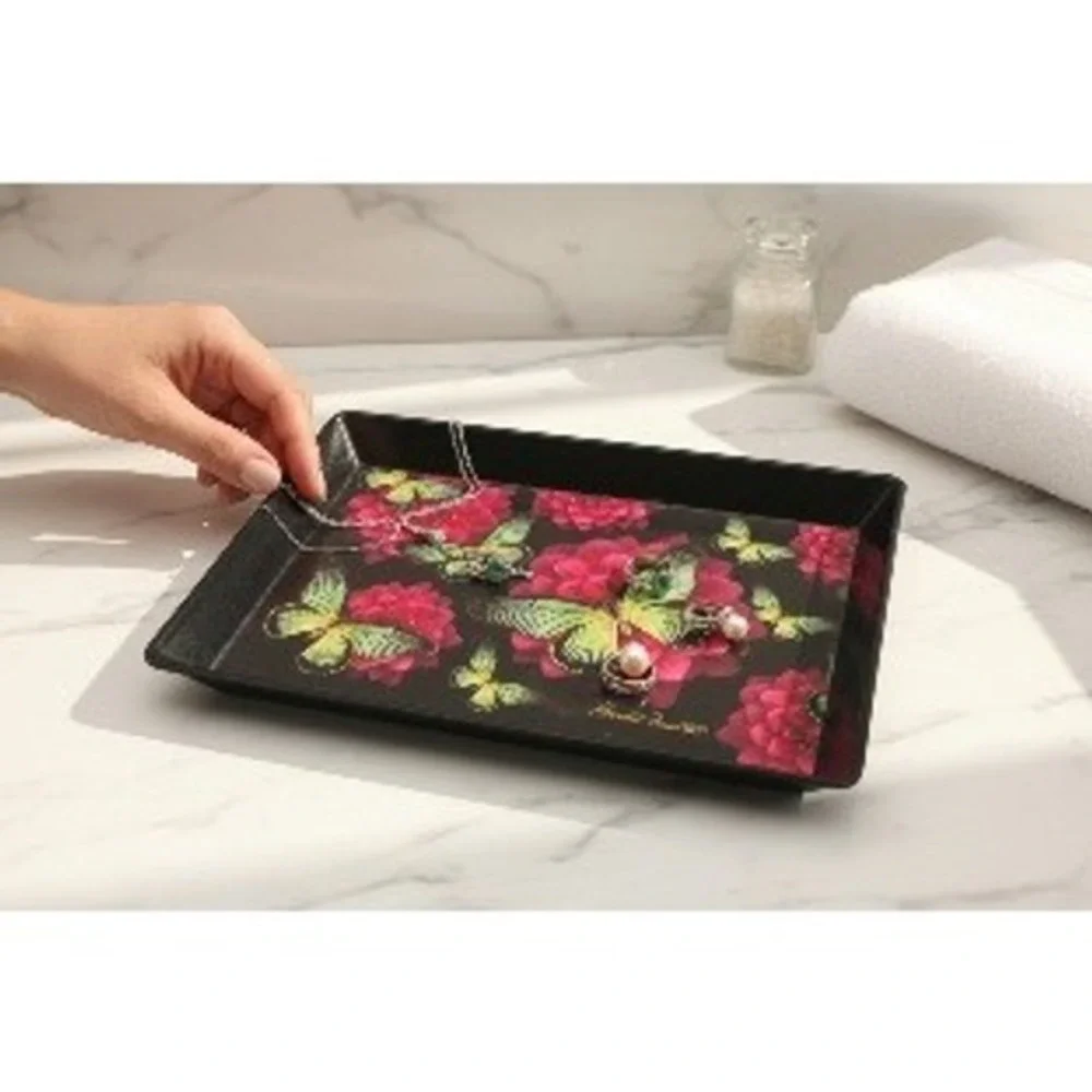VTG Harold Feinstein Butterfly Floral Tray Trinket Dish Black‎ Pink 8